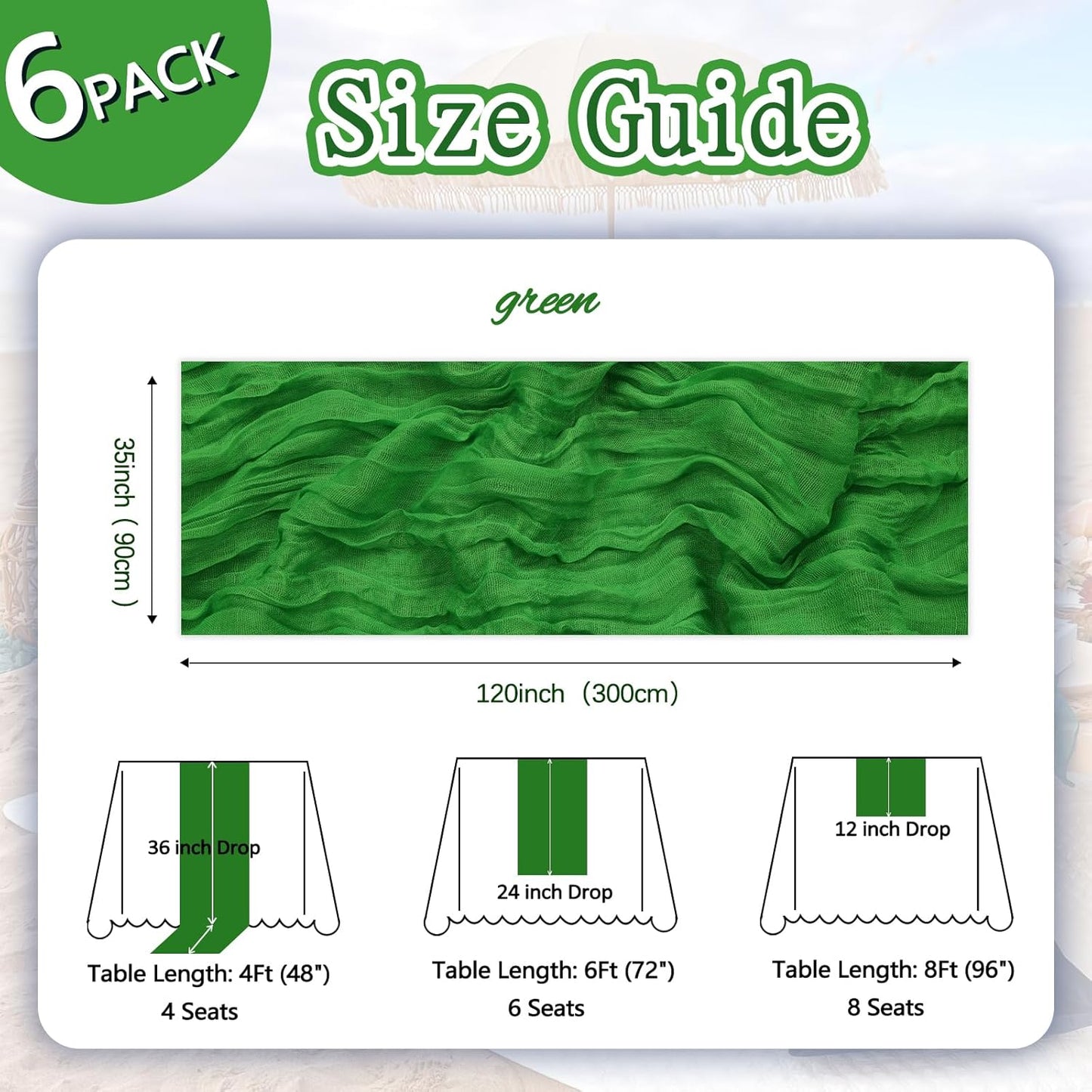 6 Pack Green Cheesecloth Christmas Table Runner 10ft Boho Gauze Fabric Cheese Cloth Table Runner 35 x 120 Inch Rustic Sheer Runner for Romantic Wedding Decor Baby Shower Party Centerpiece Decoration