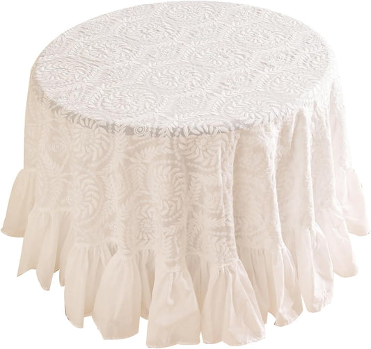 patdrea Vintage Ruffle Tablecloth for Round Tables,Farmhouse Embroidered Cotton White Lace Table Cloth Cover Decor for Dining Room Wedding Banquet Thanksgiving Christmas,Dimaeter 67"