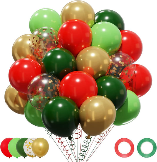 Patimate Red Green Christmas Balloons Set, 50 pcs 12 inch Metallic Gold Lime Forest Green Red Gold Confetti Latex Balloons Kit for Christmas Grinch Birthday Baby Shower Party Decorations
