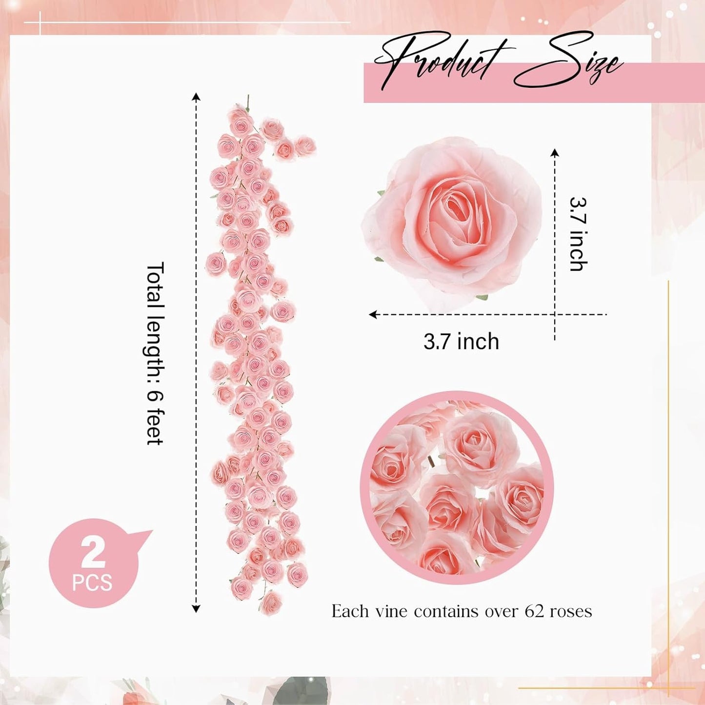 2 Pcs Pink Artificial Rose Vine Hanging Faux Flowers Garland for Wedding Anniversary Birthday Party Background Arch Garden Home Wall Room Decor