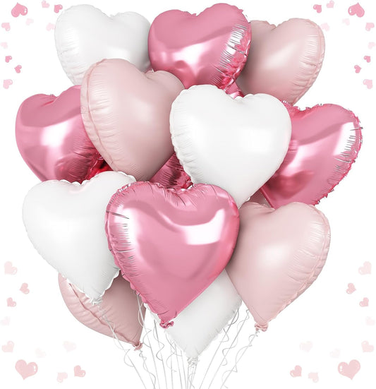 Pink White Heart Balloons, 18 Inch Baby Pink and White Heart Shape Balloon, 12PCS Helium Love Foil Balloon for Birthday Bridal Shower Engagement Wedding Valentine Party Decor