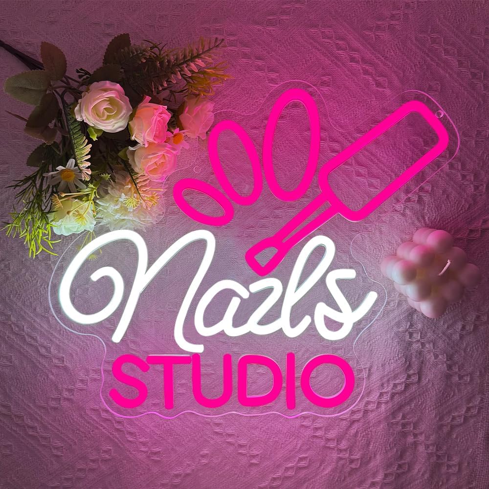 Nail Room Neon Sign,Pink Nails Studio LED Light for Wall Art Decor,Backdrop for Business Lash Salon Beauty Room Bar,Pink Dimmable Light Up Signs Gift for Girls Women Nail Tech USB Powered（14.2"*11.8"）
