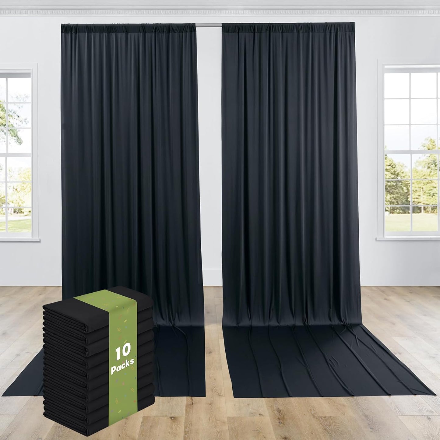PartyVillage 50ft×15ft Black Backdrop Curtain for Halloween Parties, 10 Panels Wrinkle Free 15 FT Long Polyester Photo Backdrop Drapes Back Drop Cloth for Birthday Photography Background