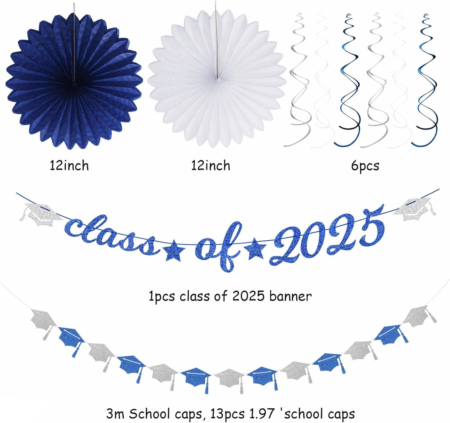 2025 Blue Class-Congratulations Prom Graduation Party-Decorations - 22pcs High School College Grad Supplies Decor,Royal Navy White Silver Tissue Pom Poms Streamers, Paper Flowers Lanterns Hugmoon