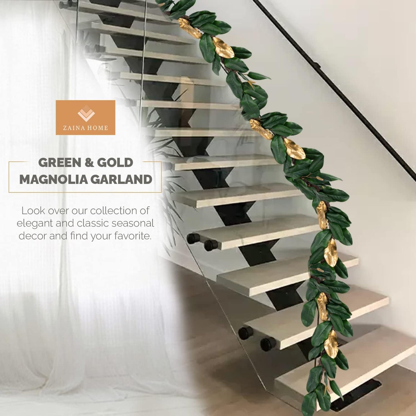 Green & Gold Magnolia Garland, 6ft Magnolia Leaf Christmas, Handmade Magnolia Christmas Decor with Faux Magnolia Leaves, Perfect Garland for Mantle & Holiday Decorations