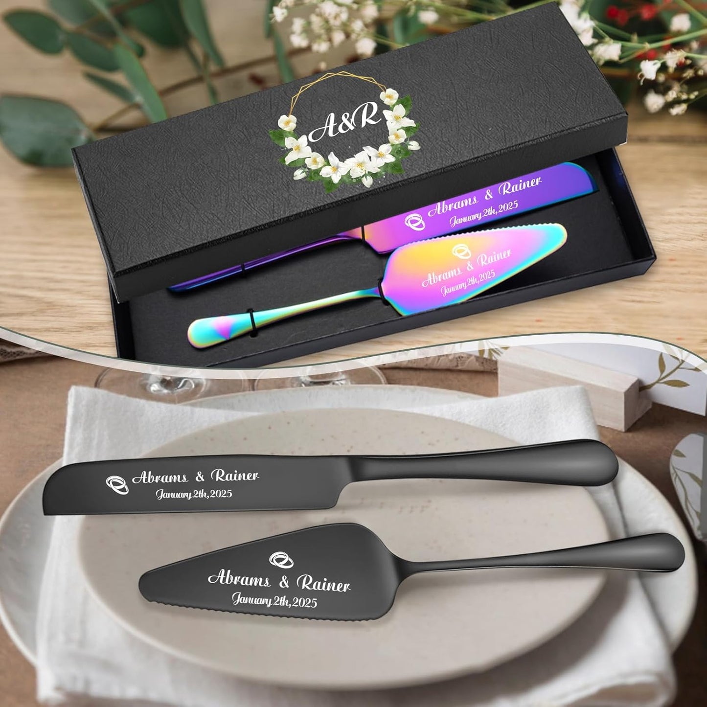 Personalized Wedding Cake Knife and Server Set - Custom Name Engraved Cutting Set with Elegant Gift Box, Ideal for Bridal Wedding Anniversary Birthday Gifts (Regular handle)