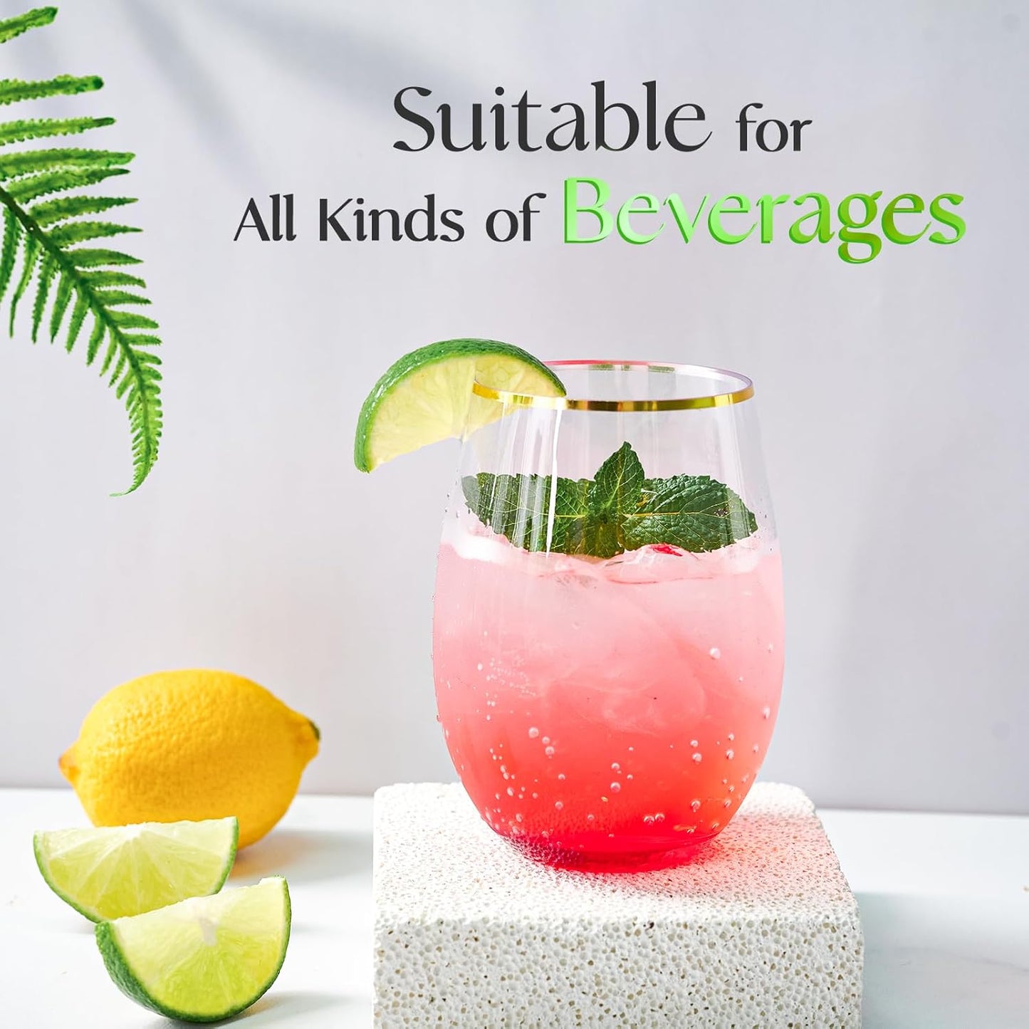 FOCUSLINE 20pcs 16 Oz Plastic Wine Glasses, Stemless Gold Rim, Heavy Duty Disposable Drinking Cups, Reusable Shatterproof for Party & Wedding