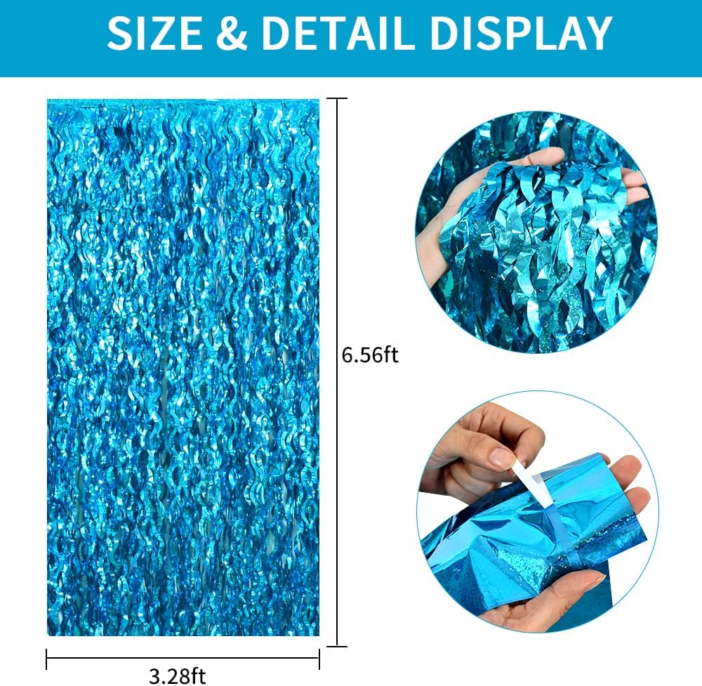 TONIFUL 3Pcs Wavy Metallic Tinsel Foil Fringe Curtains Teal Blue Streamer Backdrop for Photo Booth Props,Party Door Wall Curtains,Bachelorette,Underwater World Birthday Party Decor (9.9ft x 6.6ft)