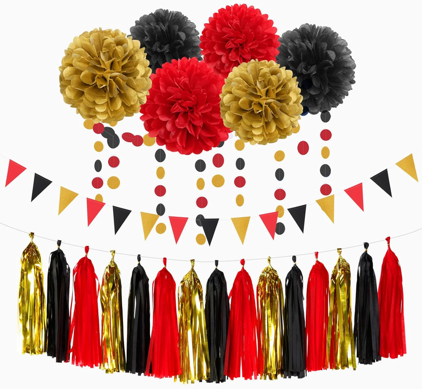 Red-Black Gold Casino-Theme Graduation Party-Decorations - 23pcs Kits Game Night Streamer Tissue Paper Pom Poms,Tassel Garland Banner,Birthday Wedding Baby Bridal Shower Decor Lasting Surprise