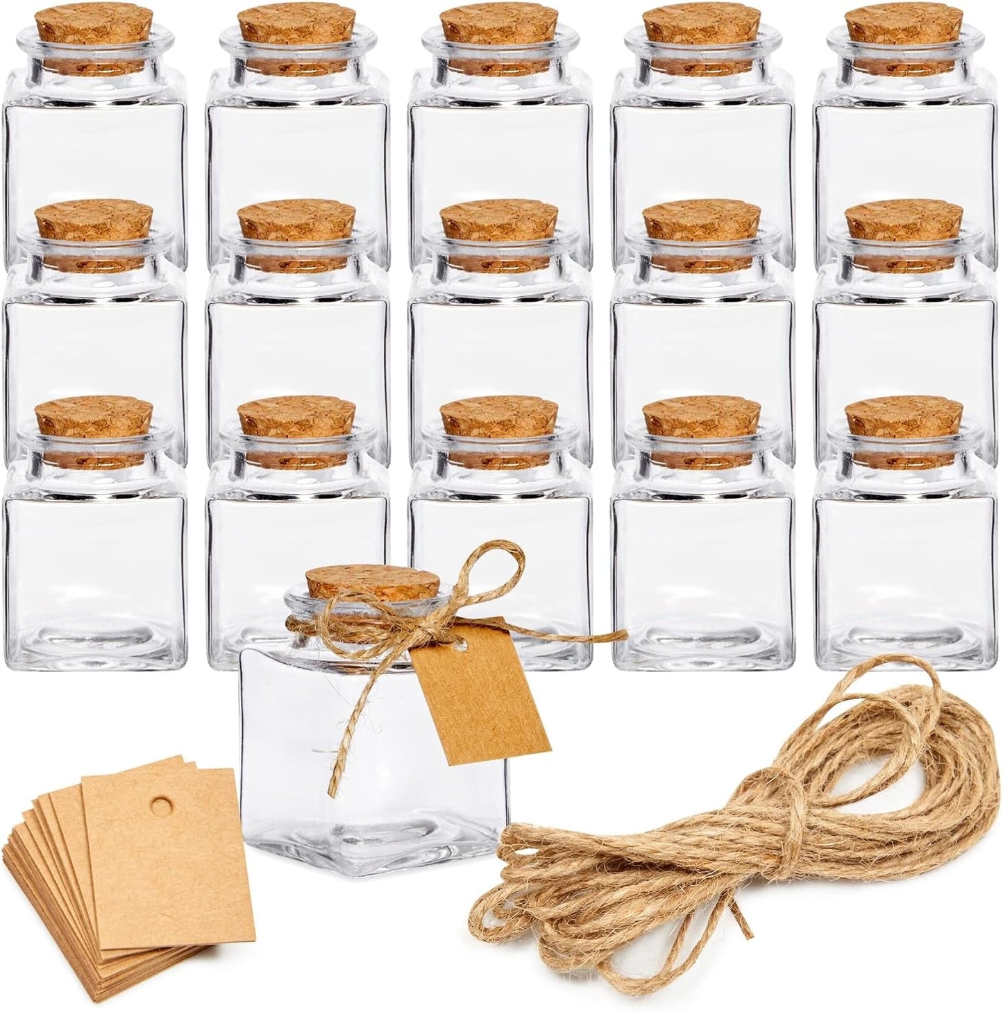 BLUE PANDA 15 Pack Small Glass Bottles with Cork Stoppers - Mini Jars with Cork Lids, Twine, and Blank Tags for Crafting & Spices - Small Bottles 1.7 Oz (50ml)