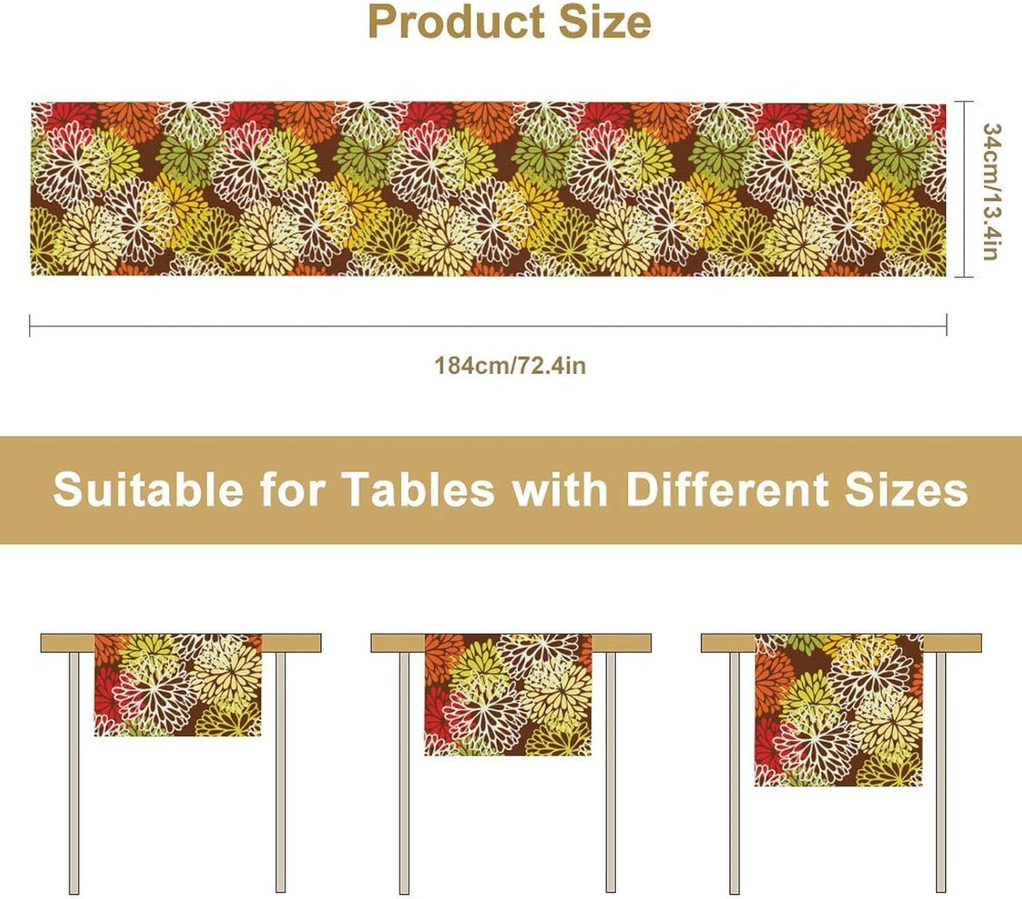 Brown Dahlia Floral Table Runner, Seasonal Autumn Thanksgiving Pattern Print for Home Kitchen Table Decor Dining Coffee Room Party Decor 13x120 Inch