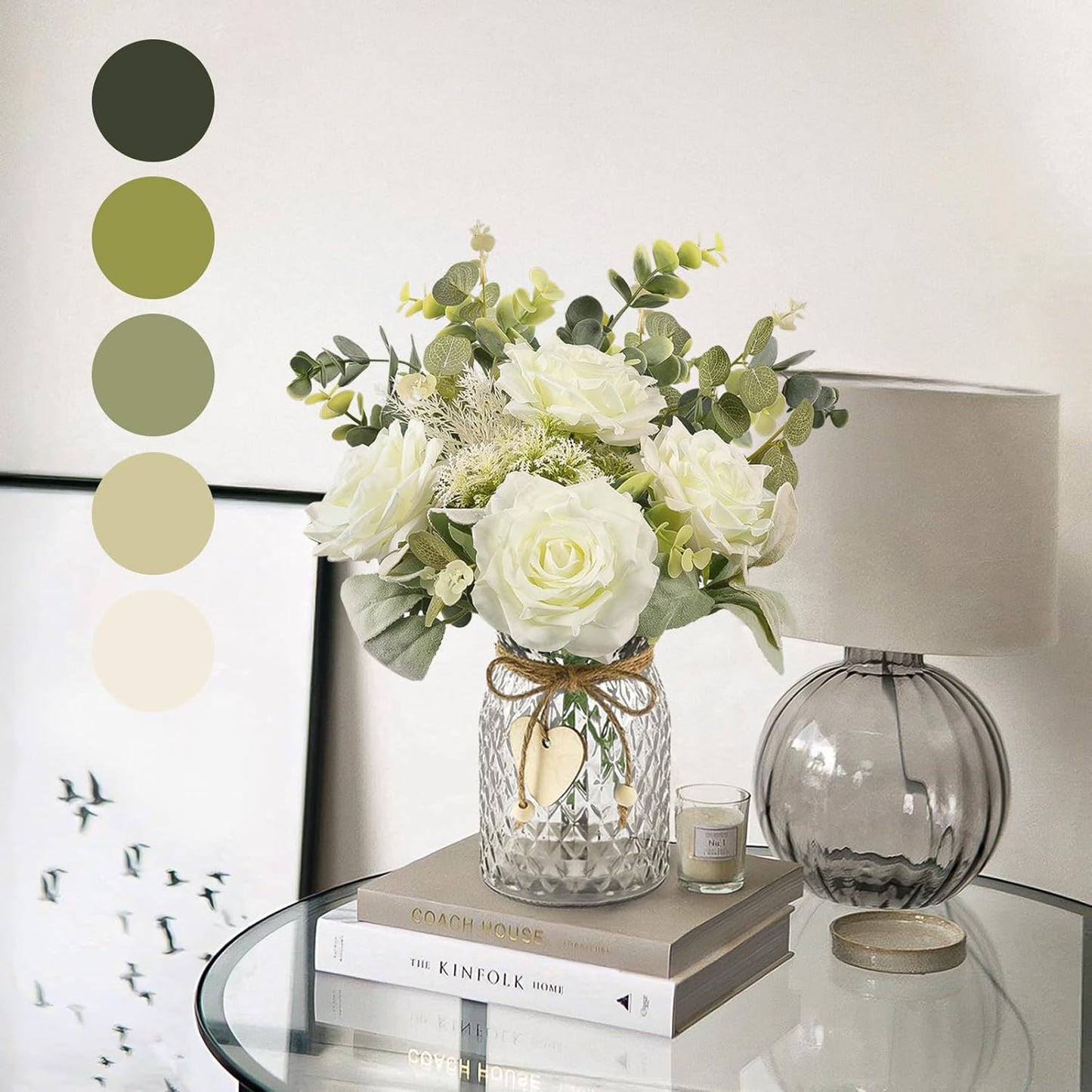 HOHOTIME Artificial Flowers with Vase, White Silk Roses Fake Flower Arrangement with Eucalyptus, Faux Plant Vase for Home Office Dining Table Centerpiece Coffee Table Decor Farmhouse Decoration