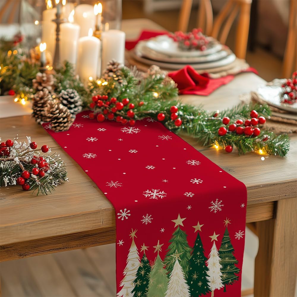 GEEORY Christmas Table Runner 13x108 Inch, Xmas Trees Snowflakes Holiday Decorative Farmhouse Table Decoration for Kitchen Dinning, Indoor Outdoor Dinner Party Decor (Red) GT150-108
