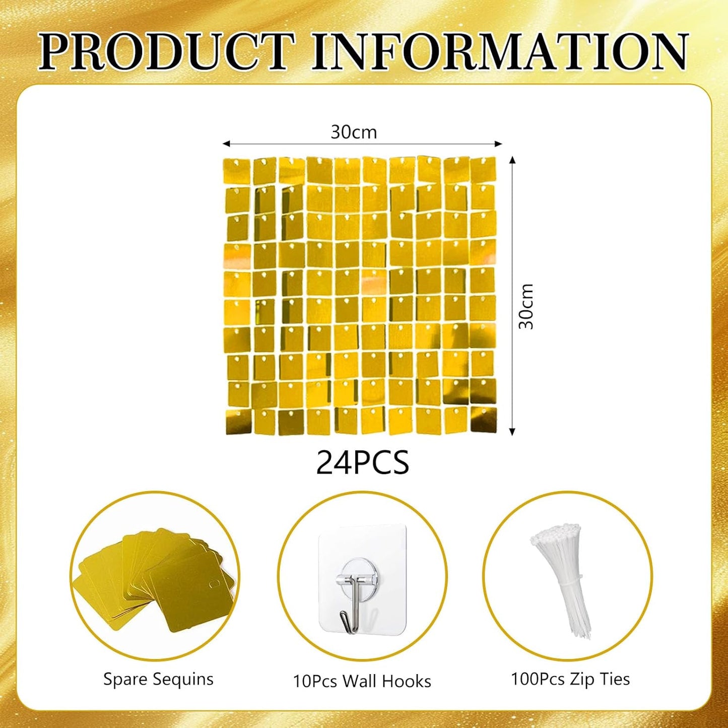 24PCS Gold Shimmer Wall Backdrop, Square Sequin Backdrops Panel, Glitter Wall Background for Birthdays, Weddings, Graduation, Engagements, Disco Bachelorette Party Decoration (4FTx6FT)