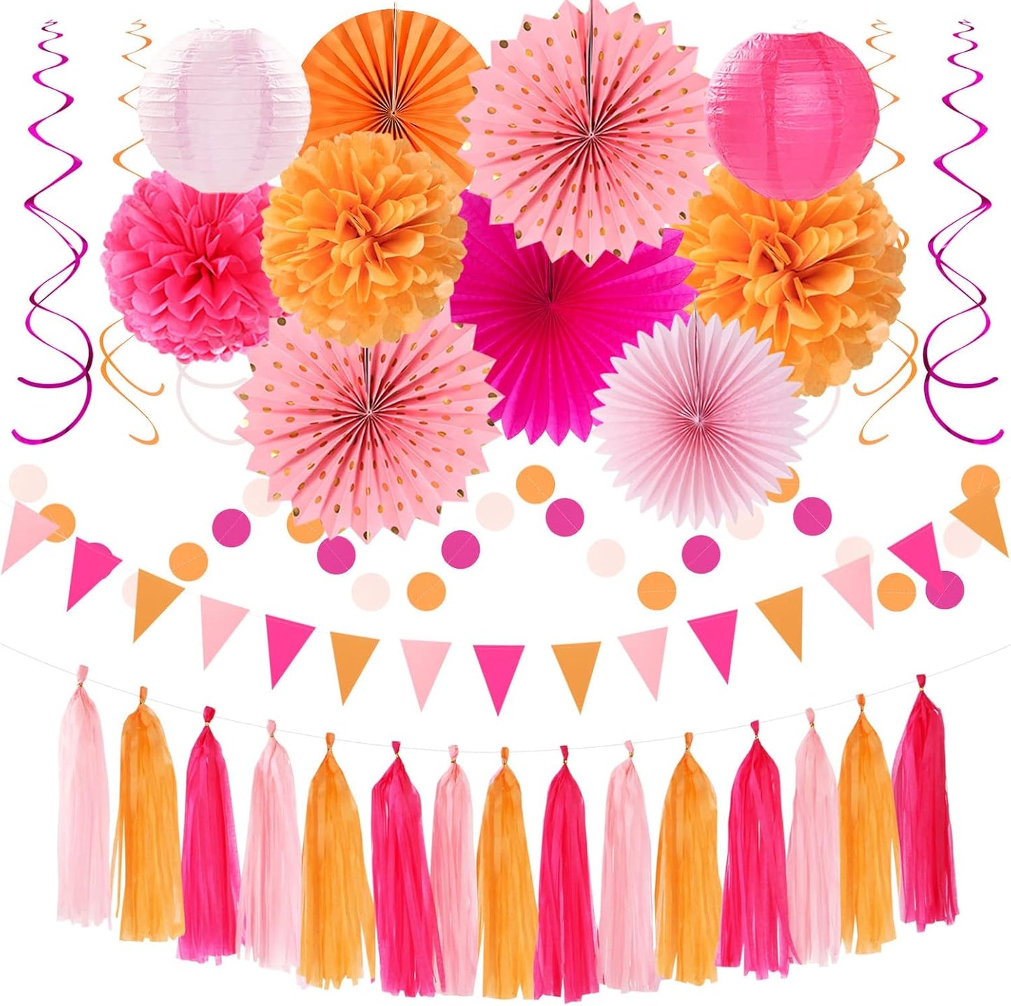 Hot-Pink Burnt-Orange Fall Party Decorations - 33pcs Birthday Baby Shower Banner,Streamers Tassel Garland,Sunset Autumn Thanksgiving Tissue Pom Poms,Paper Lantern Fans,Wedding Backdrop Decor Hugtmr