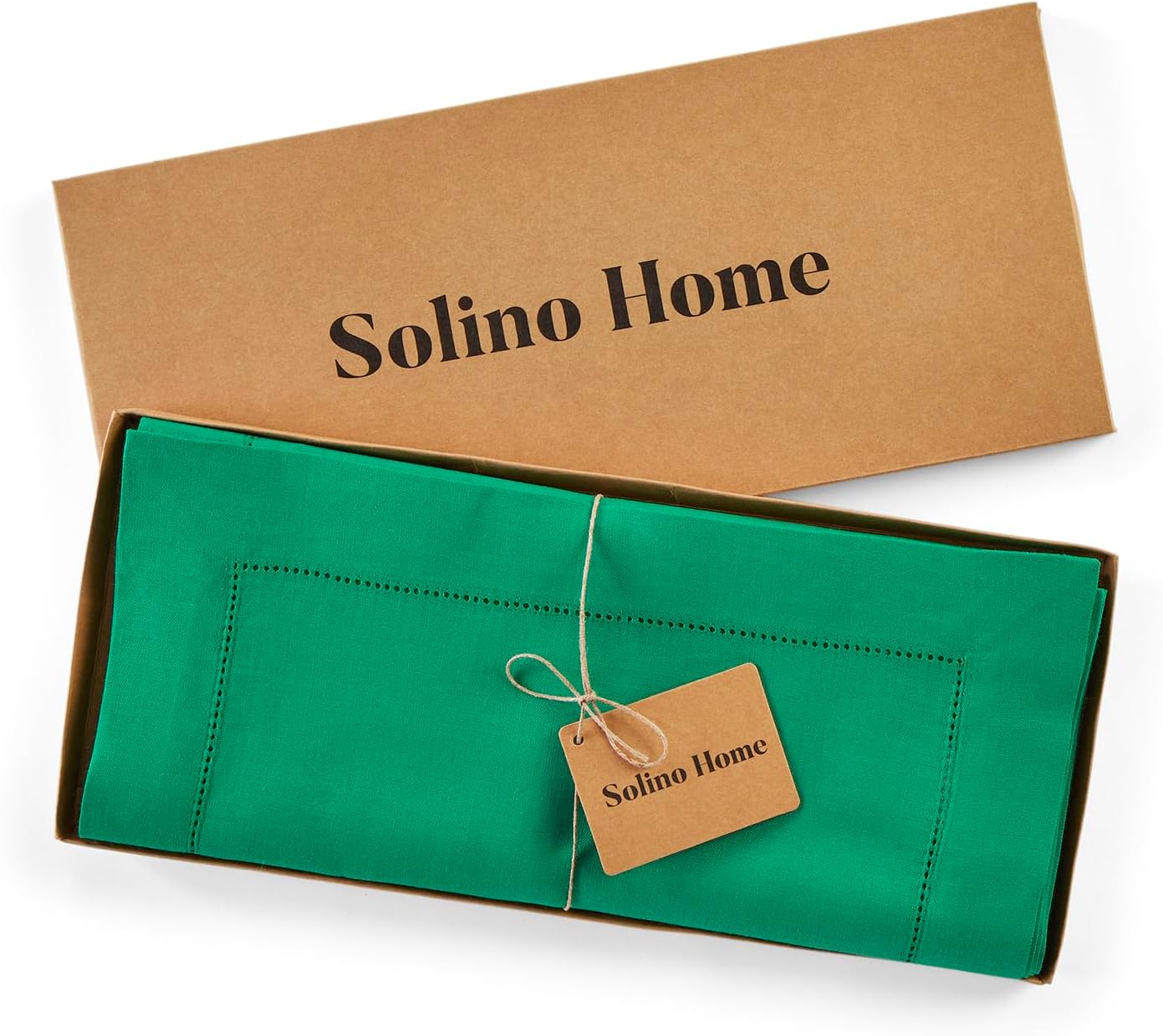 Solino Home Linen Emerald Green Hemstitch Table Runner 48 Inches - 100% Pure Linen Small Table Runner 14 x 48 Inch Ideal for Dresser and Coffee Tables - Classic Hemstitch - Christmas