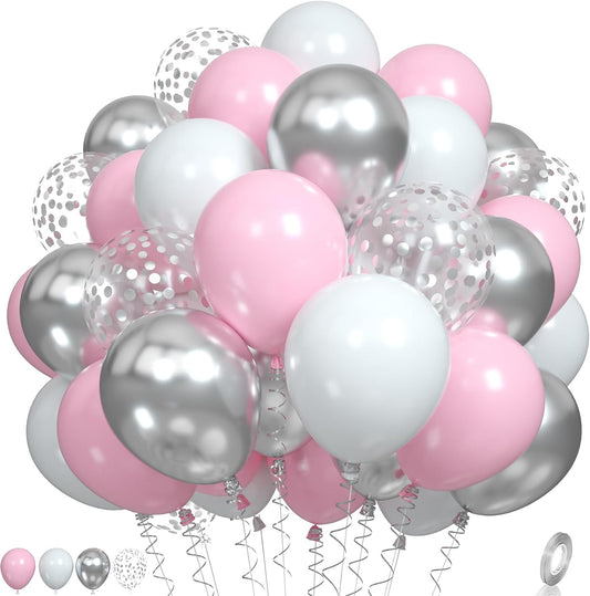Pink and Silver Balloons, Pastel Pink White Balloon Metallic Silver White Macaron Balloon Party Confetti Balloons for Girls Kids Birthday Bride Wedding Baby Shower Graduation