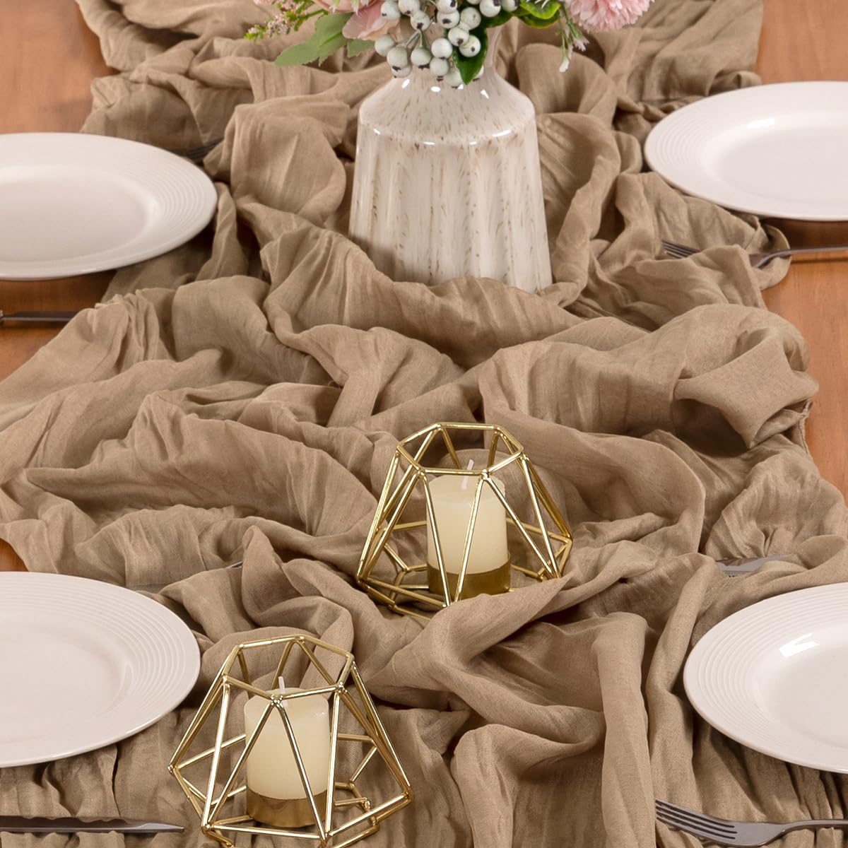 MLMW 3 Pack Fall Table Runner Boho Nude Brown Cheesecloth Table Runner Autumn Gauze Rustic Tan Cheese Cloth 160 inch 13.3ft for Thanksgiving Wedding Party Baby Bridal Shower Birthday