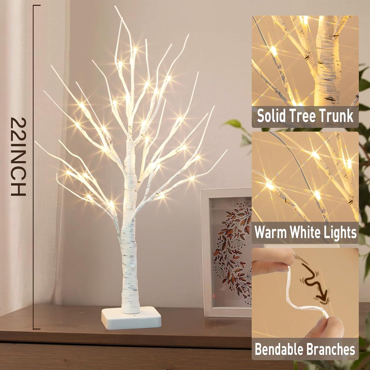 Vanthylit 4 Pcs Lighted Birch Tree Battery Powered Tabletop Tree Decorations for Home Fireplace Party Christmas Decorations (22 Inch)