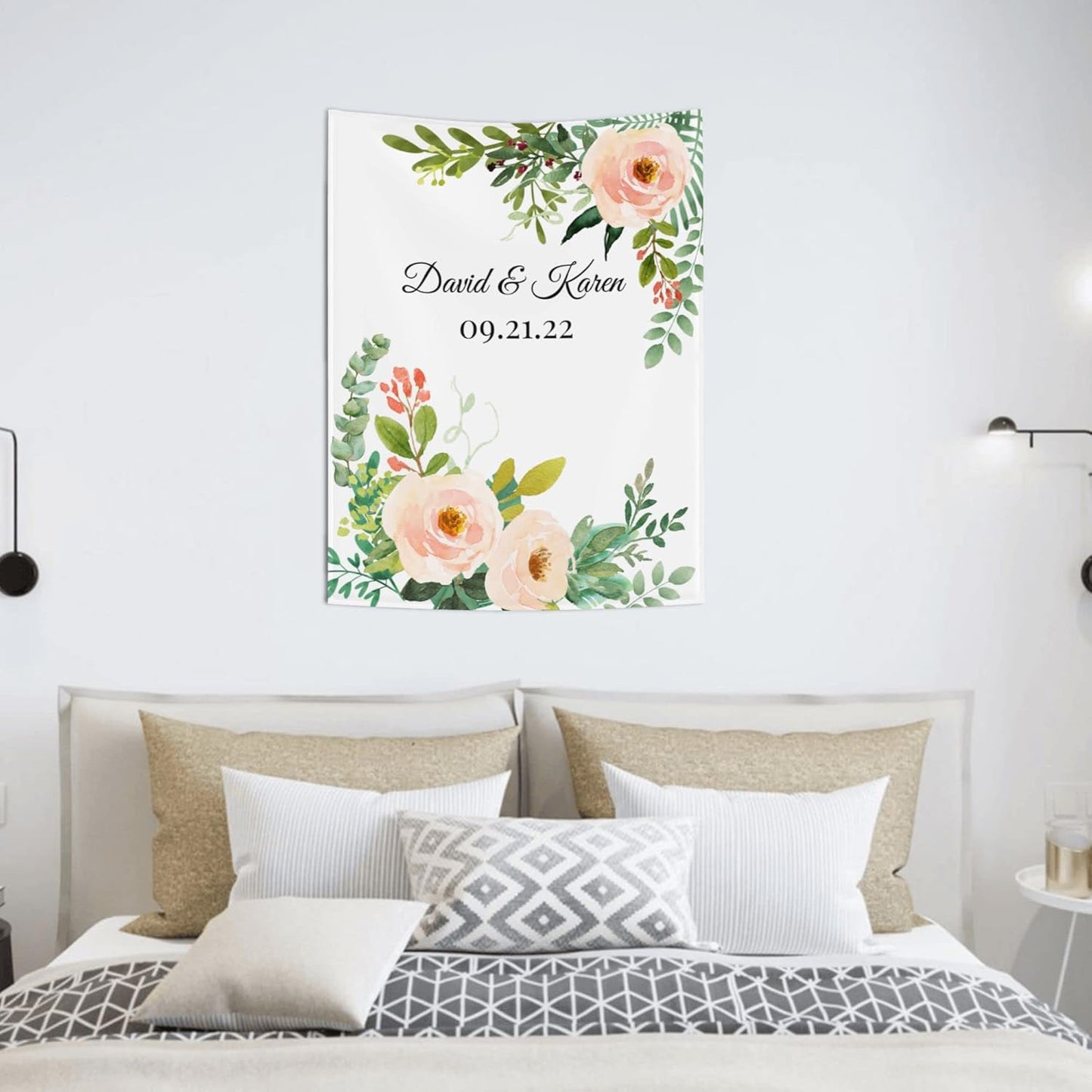 Wedding Backdrop for Reception, Custom Tapestry with Names & Date, Personalized Calligraphy Banner Ceremony, Flowers and Leaves Deisgn, Arch Decor One Size