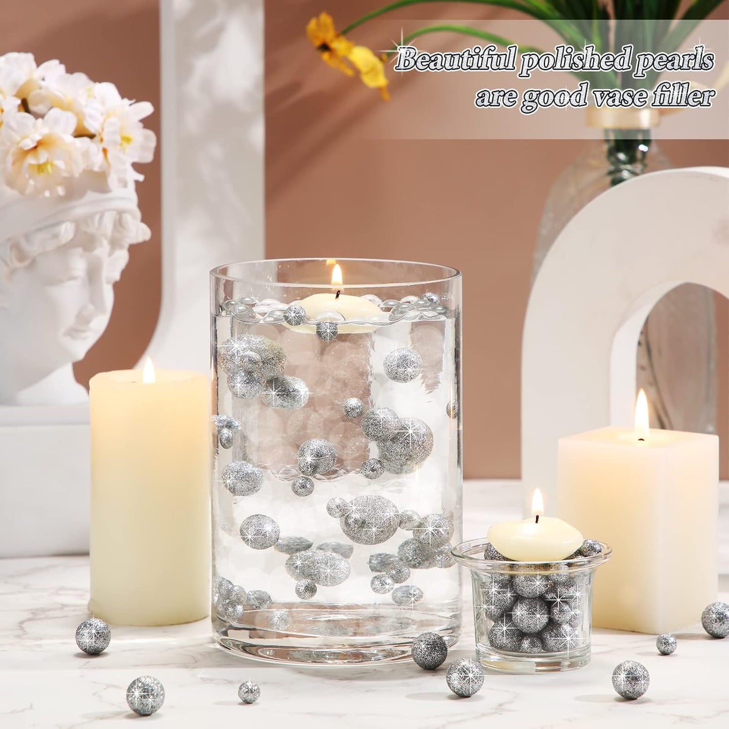 150 Pieces Vase Filler Faux Pearls Vase Makeup Beads No Hole Gloss Bead Mixed Sizes Round Pearl for Home Party Wedding Decor, 8/14/20 mm(Glitter Silver)