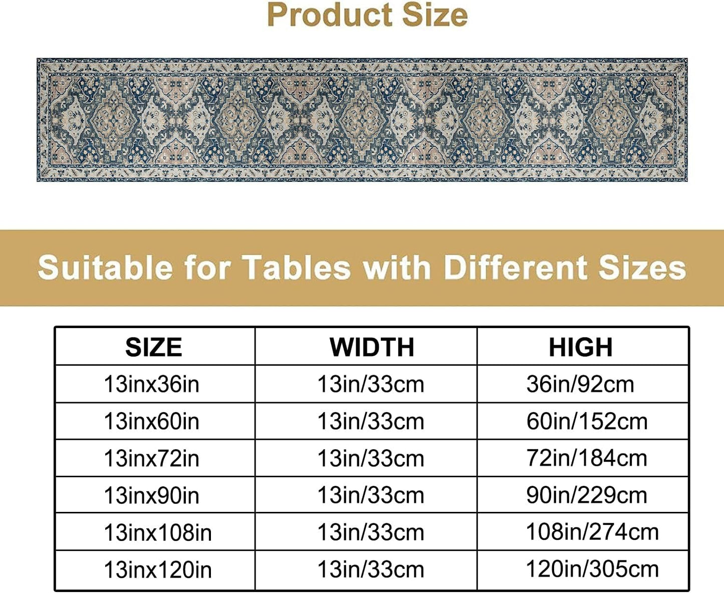 Vintage Boho Floral Table Runner, Rustic Country Farmhouse Blue Grey Retro Flower Pattern for Home Kitchen Table Decor Dining Coffee Room Party Decor 13x72in