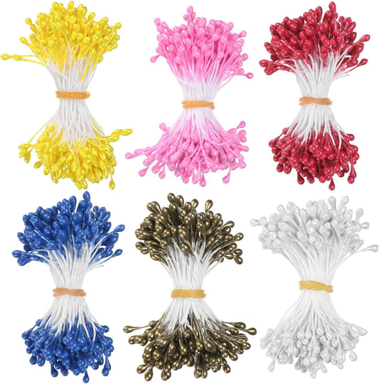 900-Pack Flower Stamens for Crafts, 5mm Double Heads Artificial Pearl Floral Pistil Mini Flower Pollens Stamens for DIY Making/Scrapbook Decoration [Dark Pink and 5 Colors]