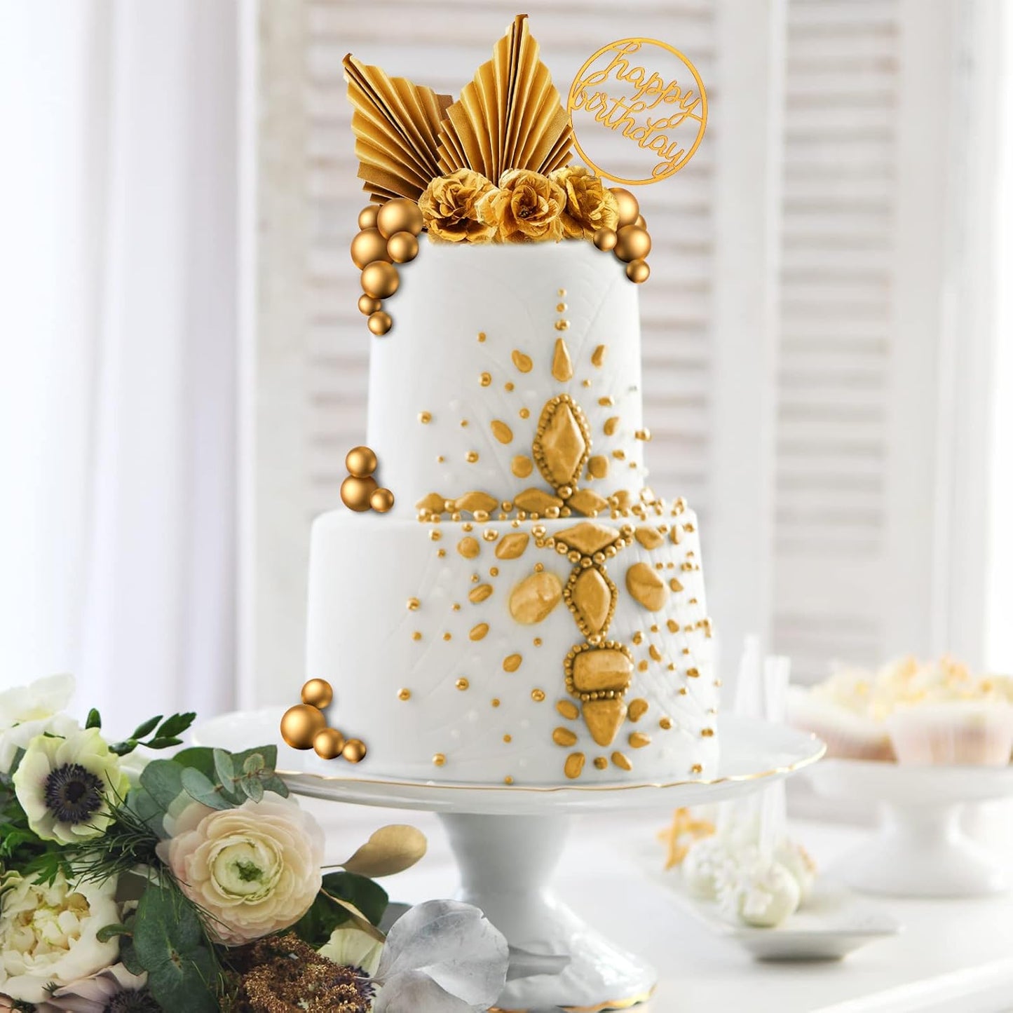 Shimeyao 52 Pcs Wedding Birthday Gold Cake Decoration Boho Cake Topper Pink Purple Flower Butterfly Palm Leaves Balls Toppers for Women Baby Shower Party Decoration(Gold)