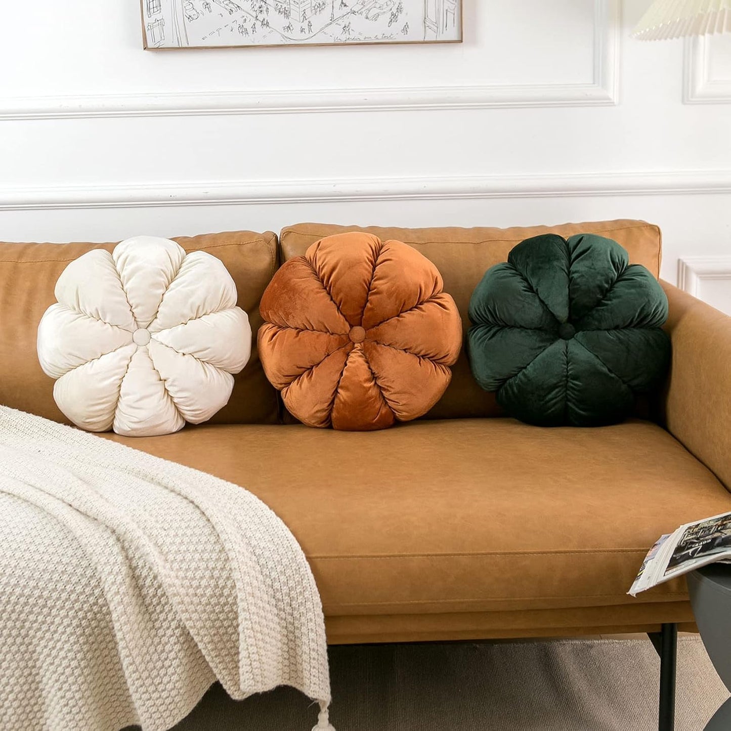 Flower Pillow Cushion Round Decorative Throw Pillow for Couch Bedroom Flower-Shaped Floor Cushion for Girls Kids (Orange, 15.7”)