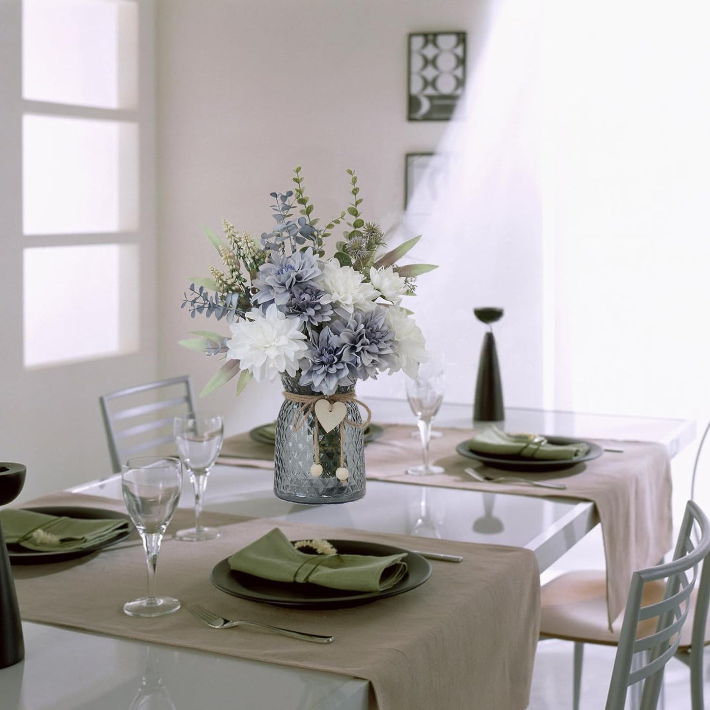 Fake Flowers in Vase,8 Dahlias,Silk Artificial Flowers in Vase,Centerpiece Table Decorations,Faux Flowers in Vase with a Flower Arrangement Holder