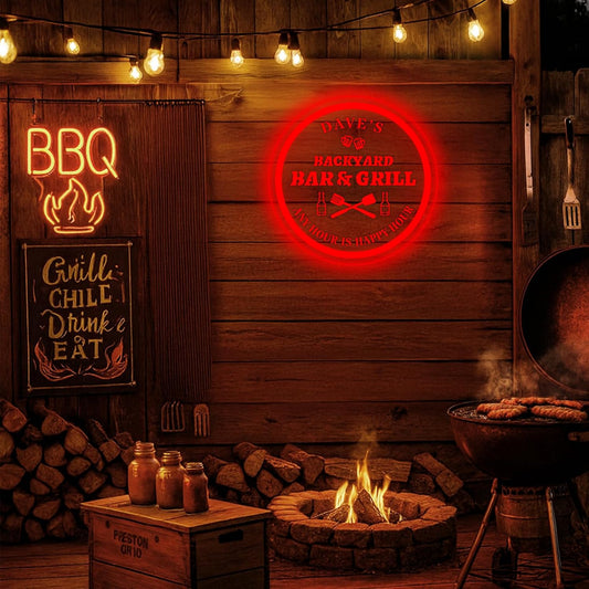 Custom Acrylic LED Bar Sign – Personalized Color Changing Wall Decor for Backyard Patio, Home Bar, Kitchen, or Man Cave (Bar & Grill, 20 INCHES)