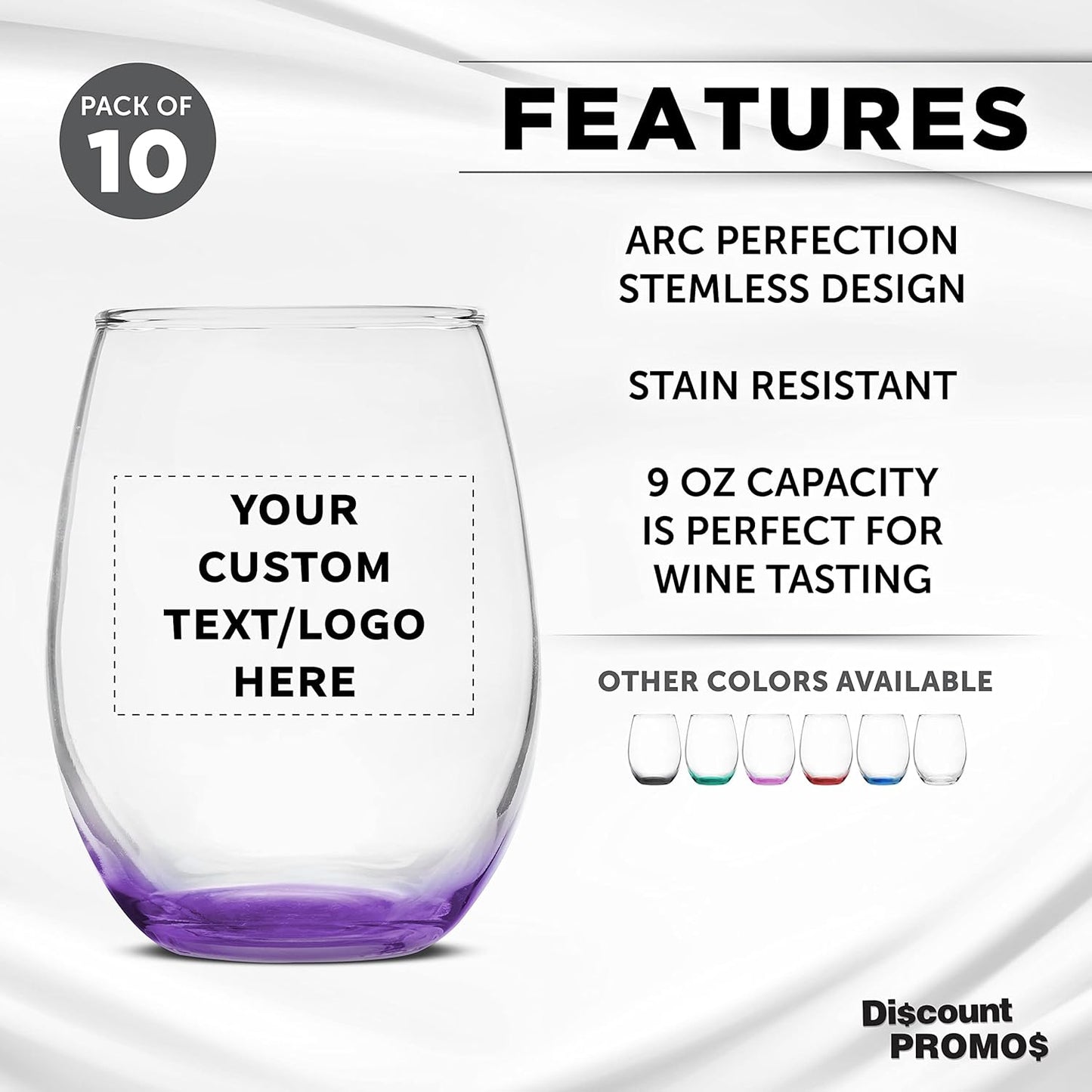 Custom Stemless Wine Glass 9 oz. Set of 10, Personalized Bulk Pack - Great for Wedding Favors, Bachelorette Party Decorations, Party Favors, Color Bottom - Purple