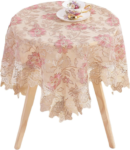 Round Embroidered Lace Tablecloth Vintage Decorative Exquisite Border Table Cover for Party Wedding Home Decorations, Round-35, Pink