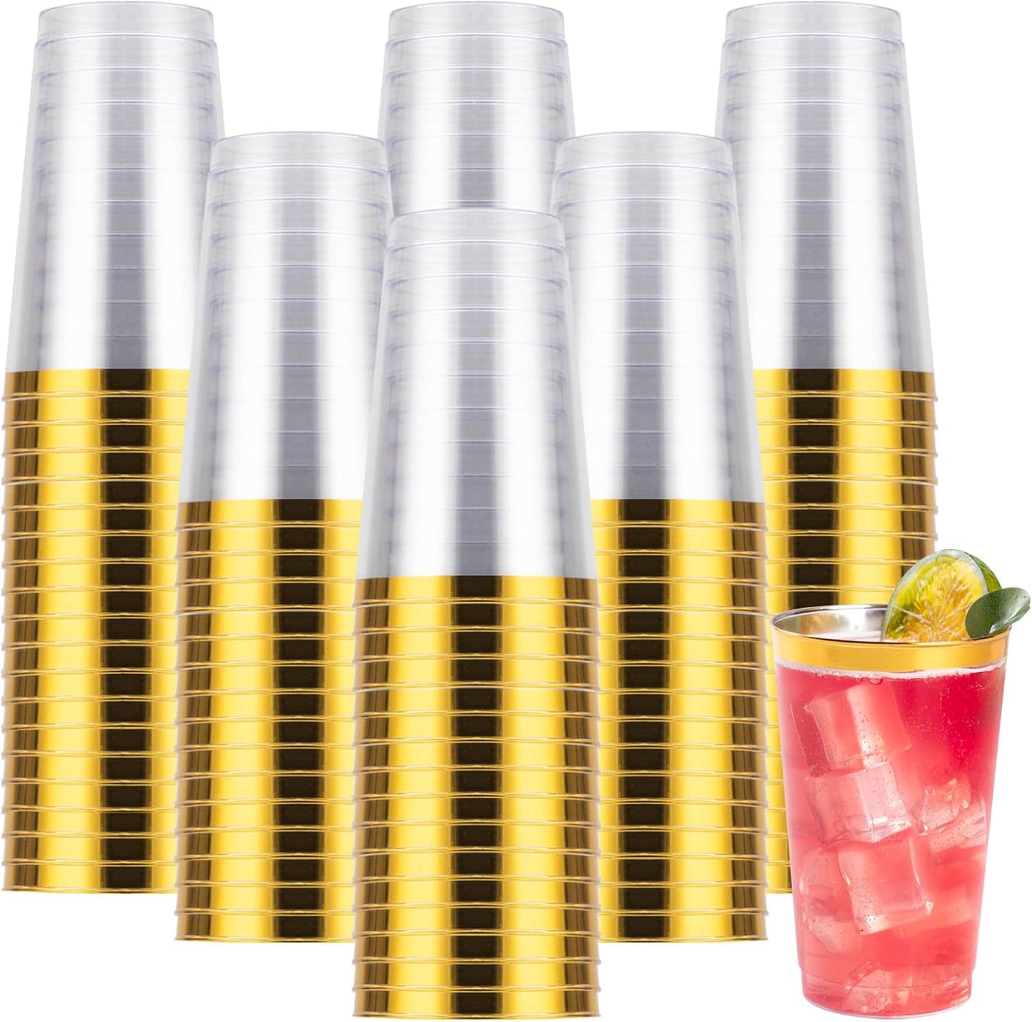 Goodluck 200PCS 14oz Gold Plastic Cups for Party, Disposable Gold Rim Cups, Plastic Cocktail Glasses for Wedding Thanksgiving, Christmas, and Parties