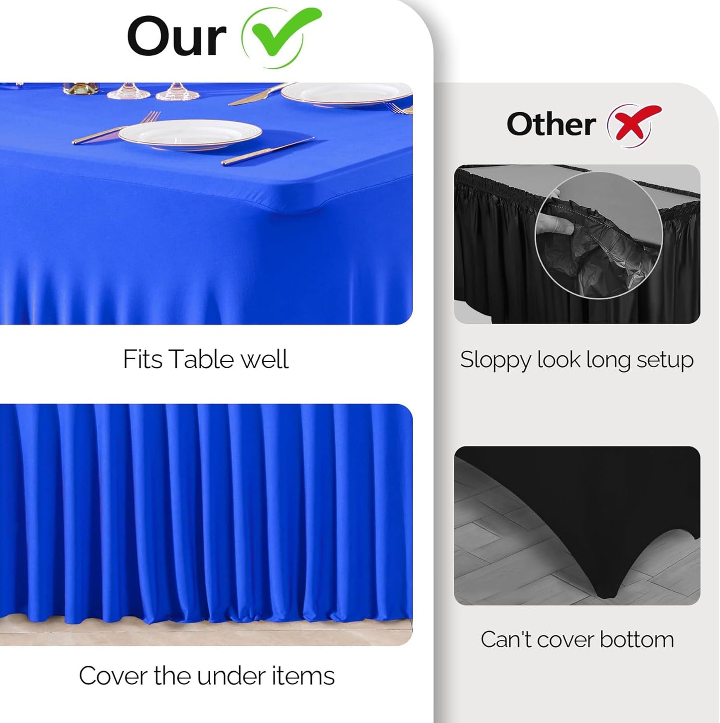 Wish Care 2 Pack Royal Blue Spandex Table Clothes for 4 Foot Rectangle Tables, 4FT Wrinkle Free Fitted Tablecloths Ruffles Design Table Cloth for Party, Banquet, Wedding and Events