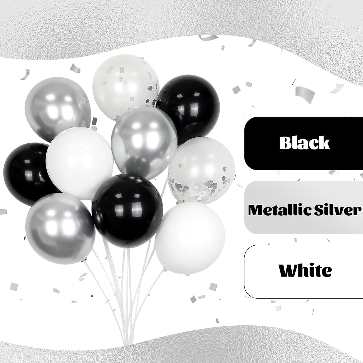 60pcs Black and Silver Balloons 12inch, Black and White Balloons with Metallic Silver Confetti Balloons for Baby Shower Wedding Birthday Graduation Party Decorations