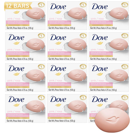 Dove Soap, Pink Beauty Bar 12-Pack – 3-in-1 Moisturizing Face, Body & Hand Soap, 4.75 Oz Ea