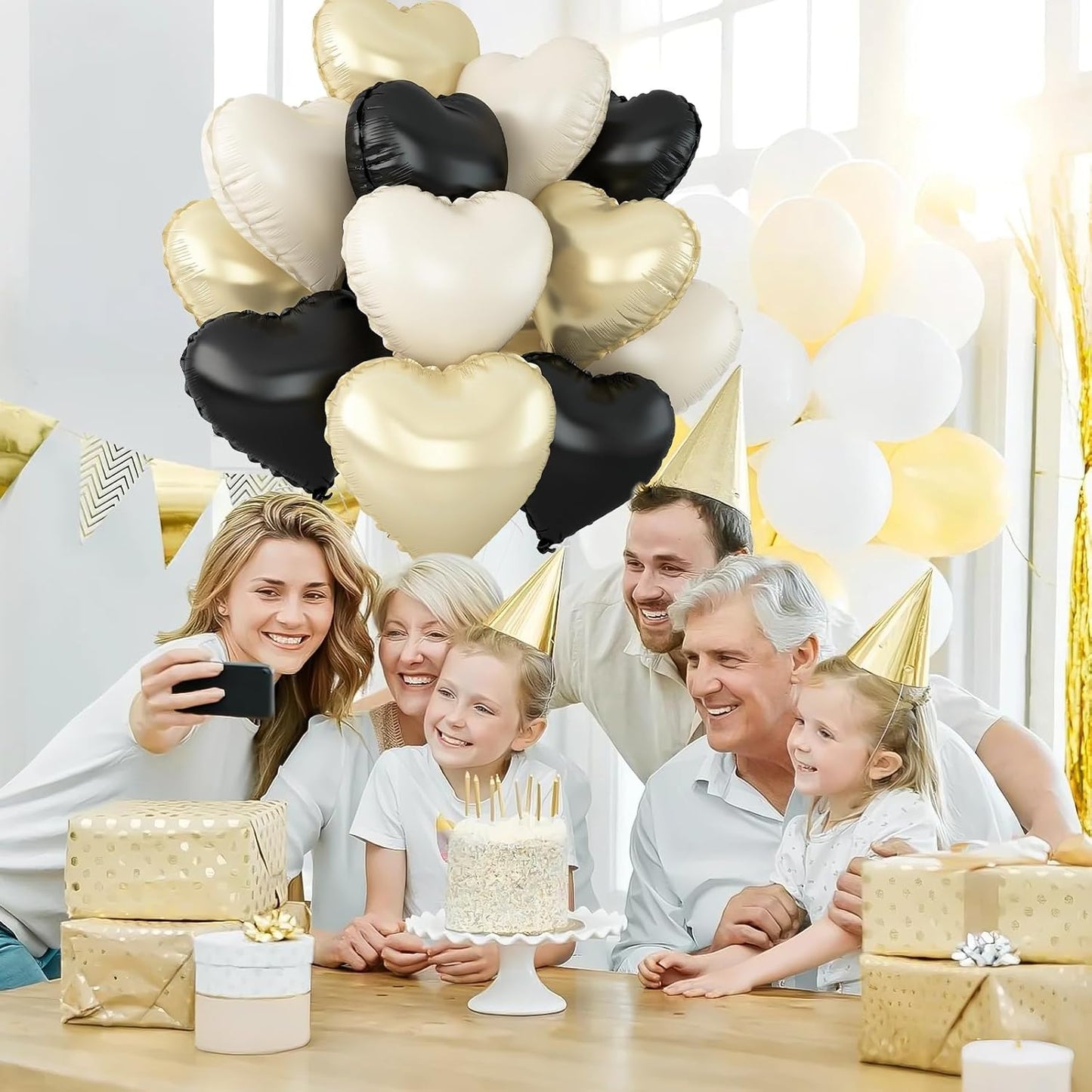 Black White Gold Heart Balloons,12Pcs 18Inch Black Cream White Champagne Gold Heart Shaped Foil Helium Balloons for Baby Shower Birthday Anniversary Wedding Engagement Party Decorations