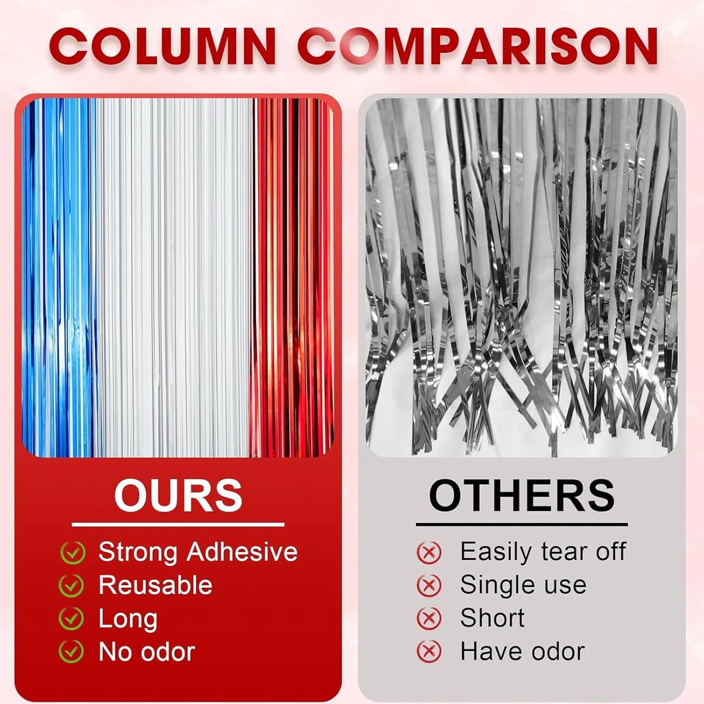 2 Pack Red White and Blue Foil Fringe Backdrop Curtains, Tinsel Streamers Party Decorations, Fringe Backdrop for Patriotic, Memorial Day, 4th of July, Independence Day