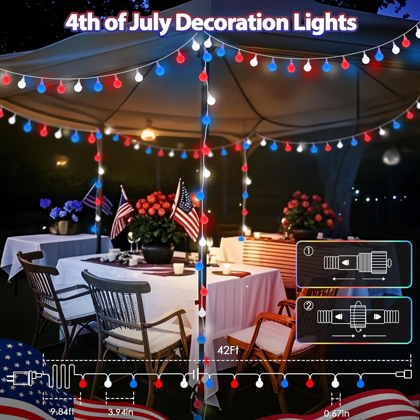 Connectable Red White and Blue String Lights Outdoor Indoor, 42FT 100LED 4th of July Decorations Plug in with Timer, 13 Modes Patriotic Globe Waterproof Fairy Lights for Independence Day Memorial Day