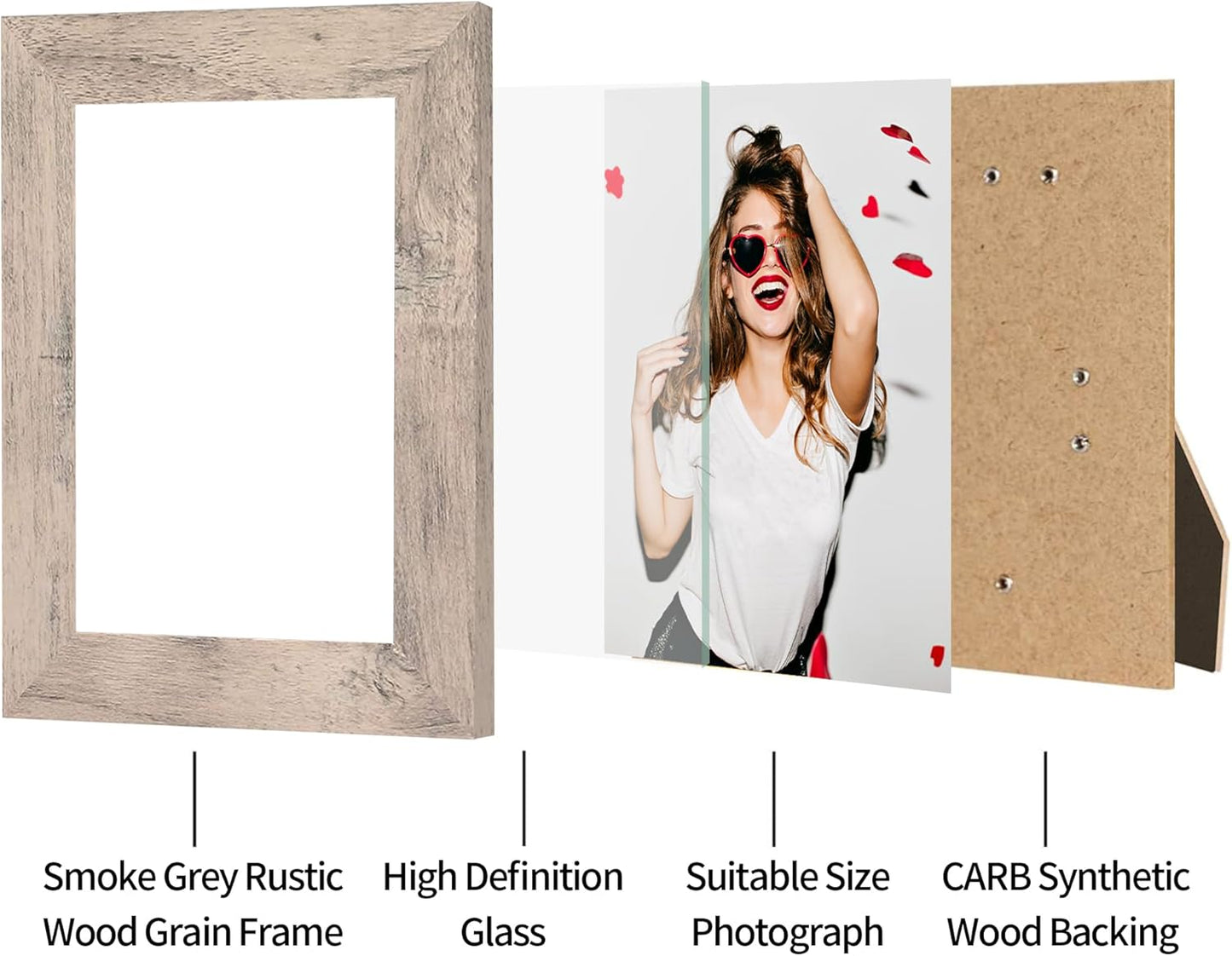 5x7 Picture Frame Set of 4, Smoke Gray Frame with High Definition Glass, 5 x 7 Wood Photo Frames for Tabletop Display and Wall Mounting
