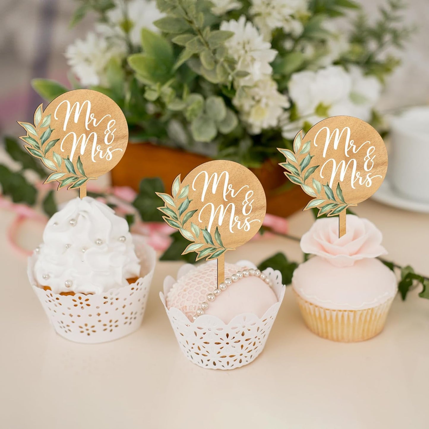 Mr & Mrs Cake Topper & Wedding Cupcake Toppers & Just Married Banner & Mr Mrs Table Sign Green Wedding Decorations in Wood