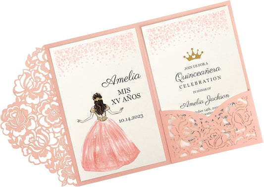 DORIS HOME 50pcs Laser Cut Quinceanera Invitations Pink, 4.7x7.1 Personalized Quince Invitations for 15th Birthday, Invitation cards for Sweet 16 with Envelopes