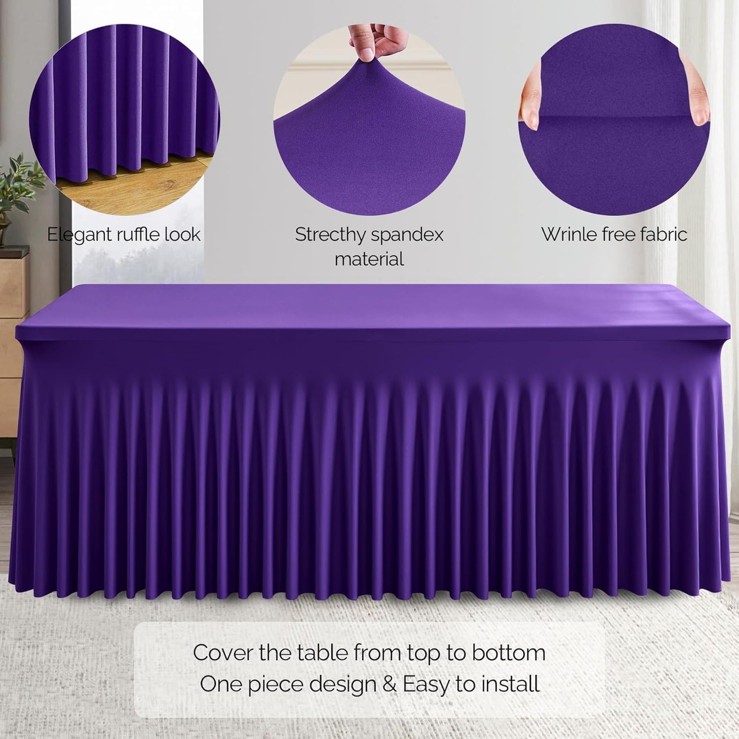 Wish Care 6 Pack Dark Purple Spandex Table Clothes for 8 Foot Rectangle Tables, 8FT Wrinkle Free Fitted Tablecloths Ruffles Design Table Cover for Party, Banquet, Wedding and Events