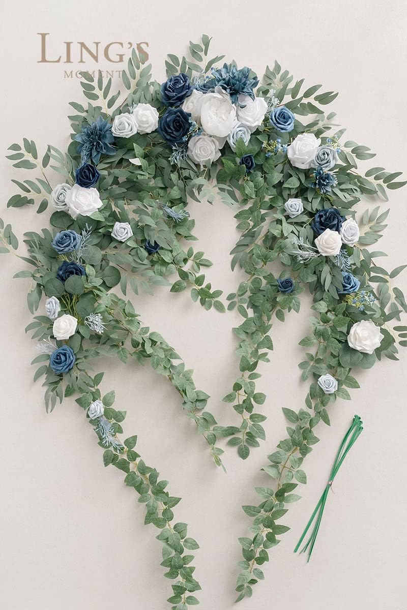 Ling's Moment 6.5FT Backdrop Floral Garland, Spring Artificial Wedding Arch Flowers Sage Green, Navy Blue Ceremony Reception Hanging Eucalyptus Rose Arbor Arrangement Outdoor Beach Swag Home Decor
