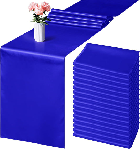 Aneco 16 Pack Satin Table Runner 12 x 108 Inch Dark Blue Long Wedding Satin Silk Table Runner for Wedding Banquet Graduations Birthday Party Decoration