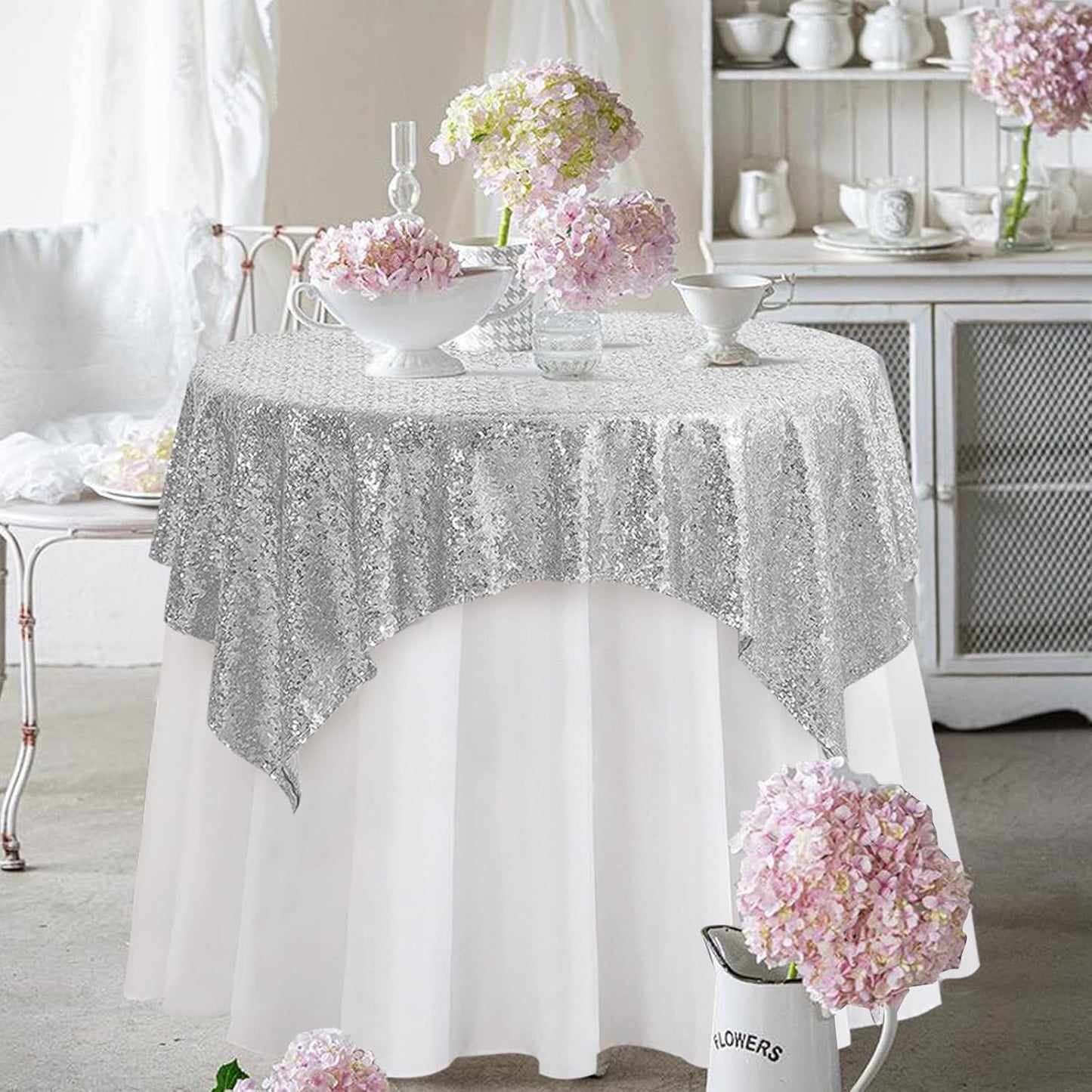 Square Silver Sequin Tablecloth- 50x50 inch, Seamless Sparkle and Glitter Party Table Cloth, Shiny for Wedding Birthday Ceremony Prom Table Decorations