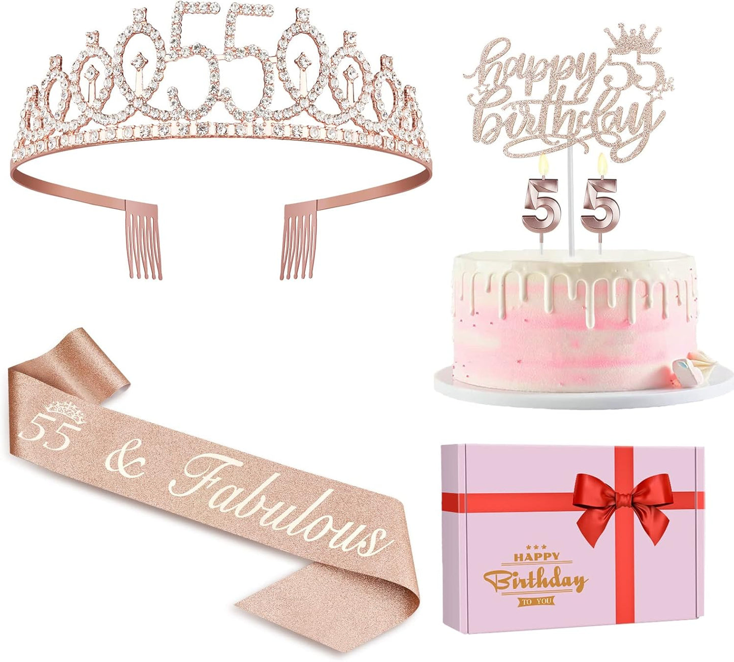 55 Birthday Decorations for Women Including Sash, Tiara, Numeral Candles and Cake Topper, 55th Birthday Gifts for Women, Rose Gold Party Favor Supplies