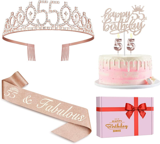 55 Birthday Decorations for Women Including Sash, Tiara, Numeral Candles and Cake Topper, 55th Birthday Gifts for Women, Rose Gold Party Favor Supplies