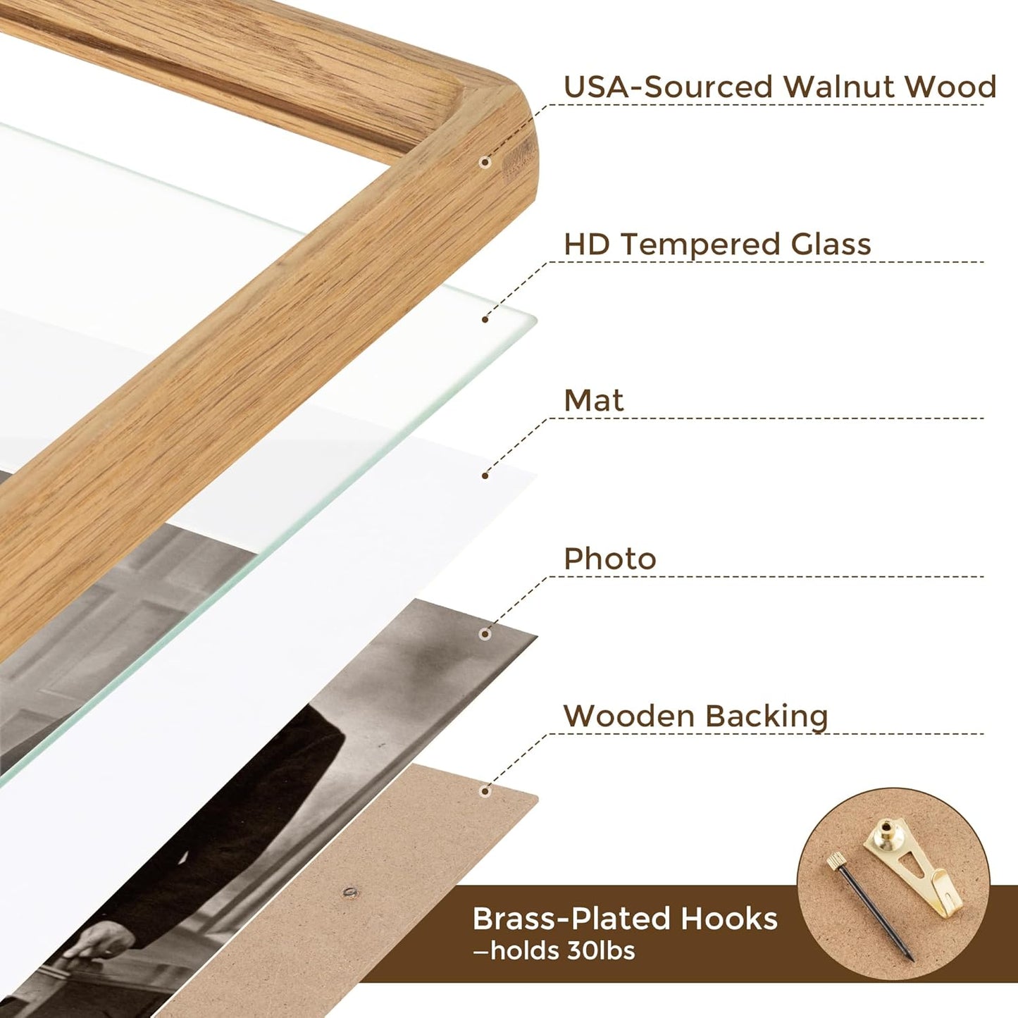 16x20 Frames USA-Sourced Natural Oak Wood Solid Wood Picture Frame Handcrafted Rounded Corner with Mat to 11x14 Display with Real Glass Family Picture, Wedding Picture